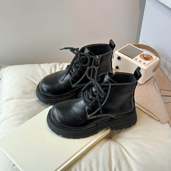 Eltusu Girls Ankle Boots, Thermal Outdoor Lace-up Non Slip Winter Booties Shoes Black Size 5 T