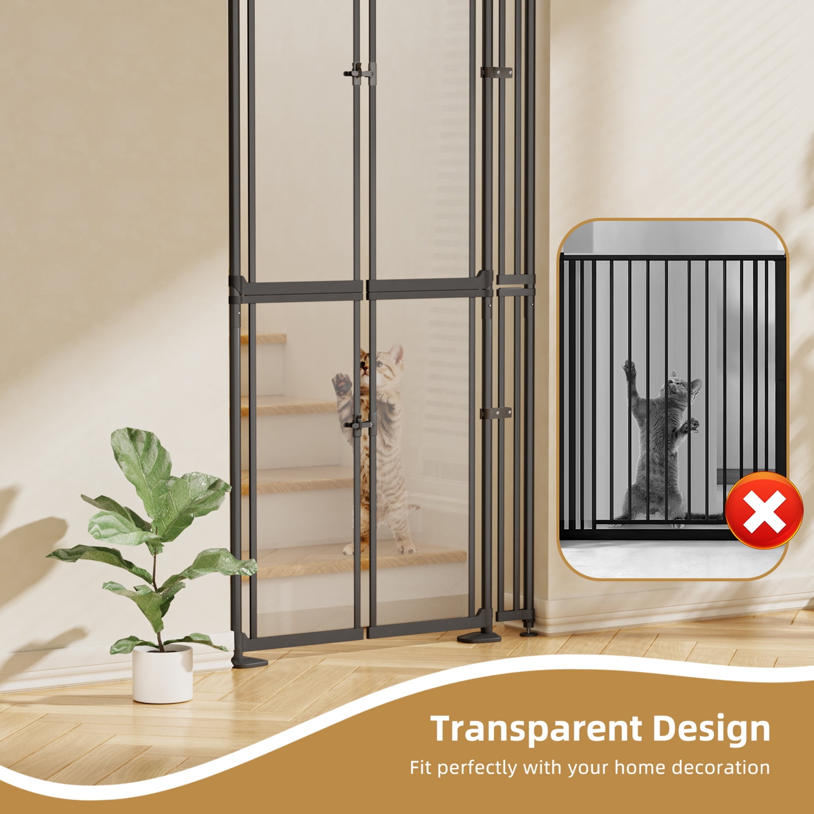 74-98" Extra Tall Cat Gate, 33.86-41.34, Transparent Double Doors, No Drilling Pressure Mount Pet Gate for Doorways/Stairs/Kitchen/Home, Auto Close, Black