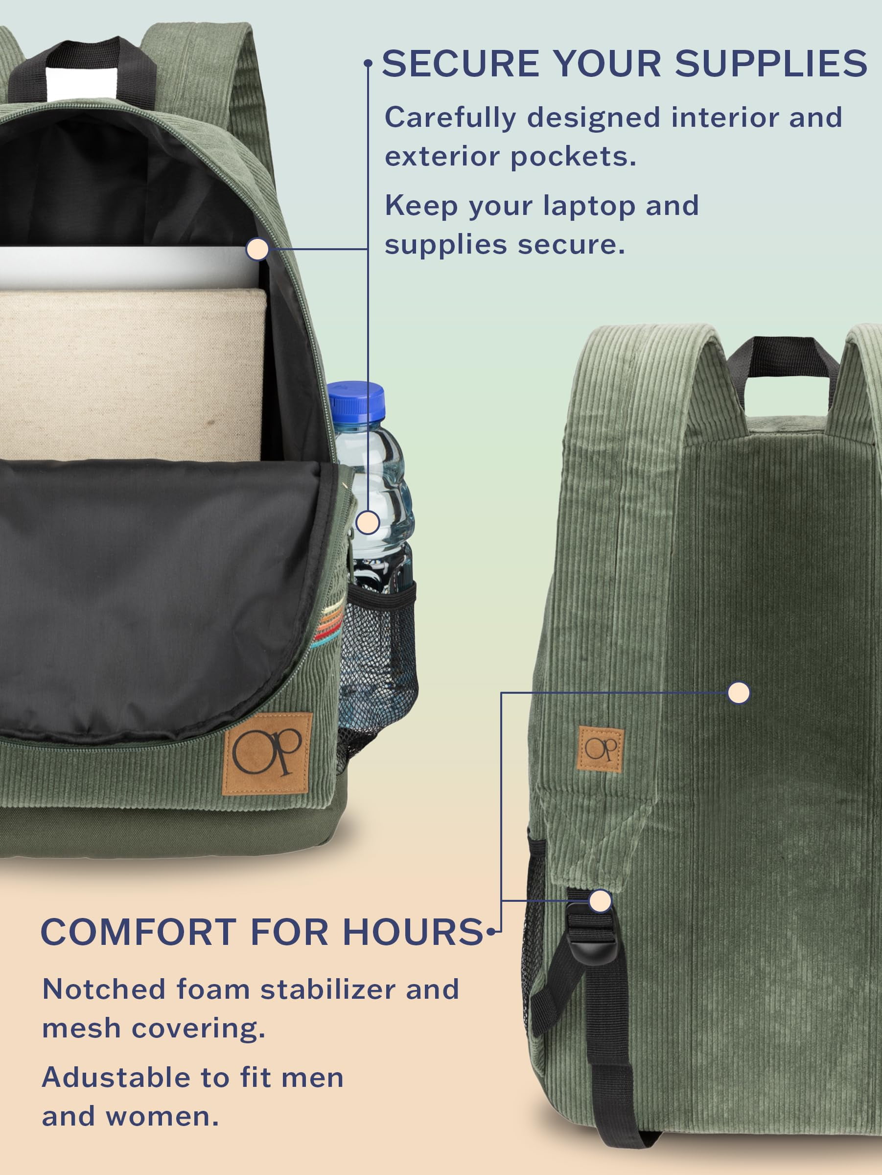 Ocean Pacific OG Corduroy Backpack for Travel, Waterproof College Fits 15.6” Laptop, Adults, Olive