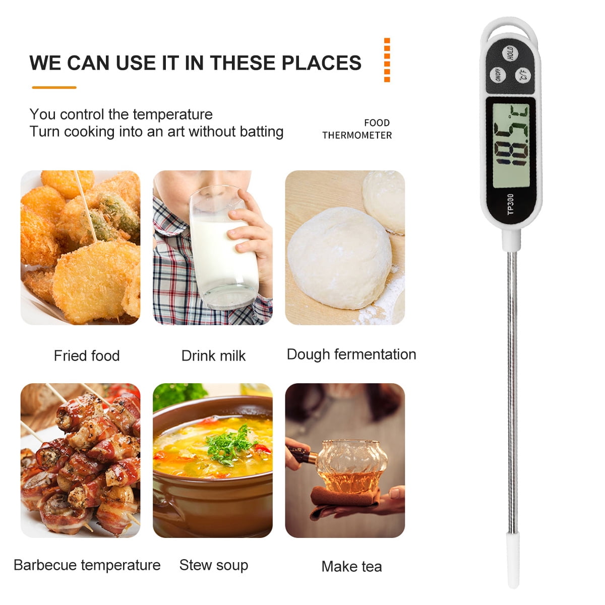 Digital Food Thermometer - Kitchen Cooking Thermometer Instant Read Lcd  Display With Long Probe Thermometer For Meat Pastry Sugar Frying Water Milk  Wi