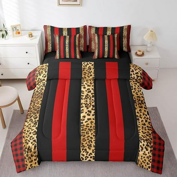 Brown Leopard Comforter Set 7pcs for Men Women, Black Red Plaid Stripes Bedding Twin Size, Animal Bed Set with 1 Comforter,1 Fitted Sheet,1 Flat Sheet,2 Pillowcases,2 Throw Pillow Cover