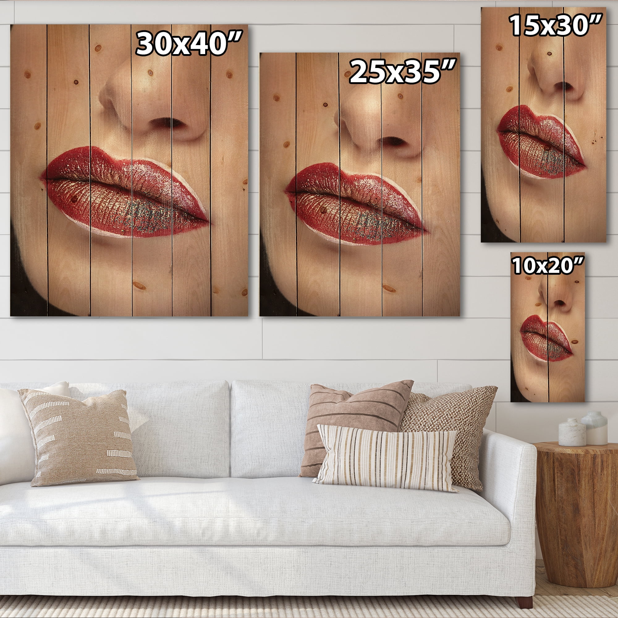 Designart 'Close Up Lips With Professional Lipstick and Make Up' Modern Print on Natural Pine Wood