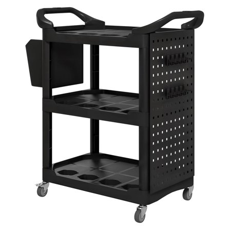 3-Tier Rolling Tool Cart, 200 LBS Capacity Plastic Utility Cart with Side Shelf and Storage Bucket, Black