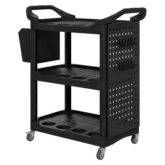 3-Tier Rolling Tool Cart, 200 LBS Capacity Plastic Utility Cart with Side Shelf and Storage Bucket, Black