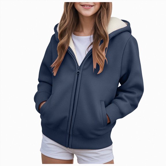 TOWED22 Unisex Boys Girls Hoodie Sweatshirt Full Zip Up Casual Long Sleeve Solid Jacket Kids Lightweight Outwear with Pockets,Navy,5-6 Y
