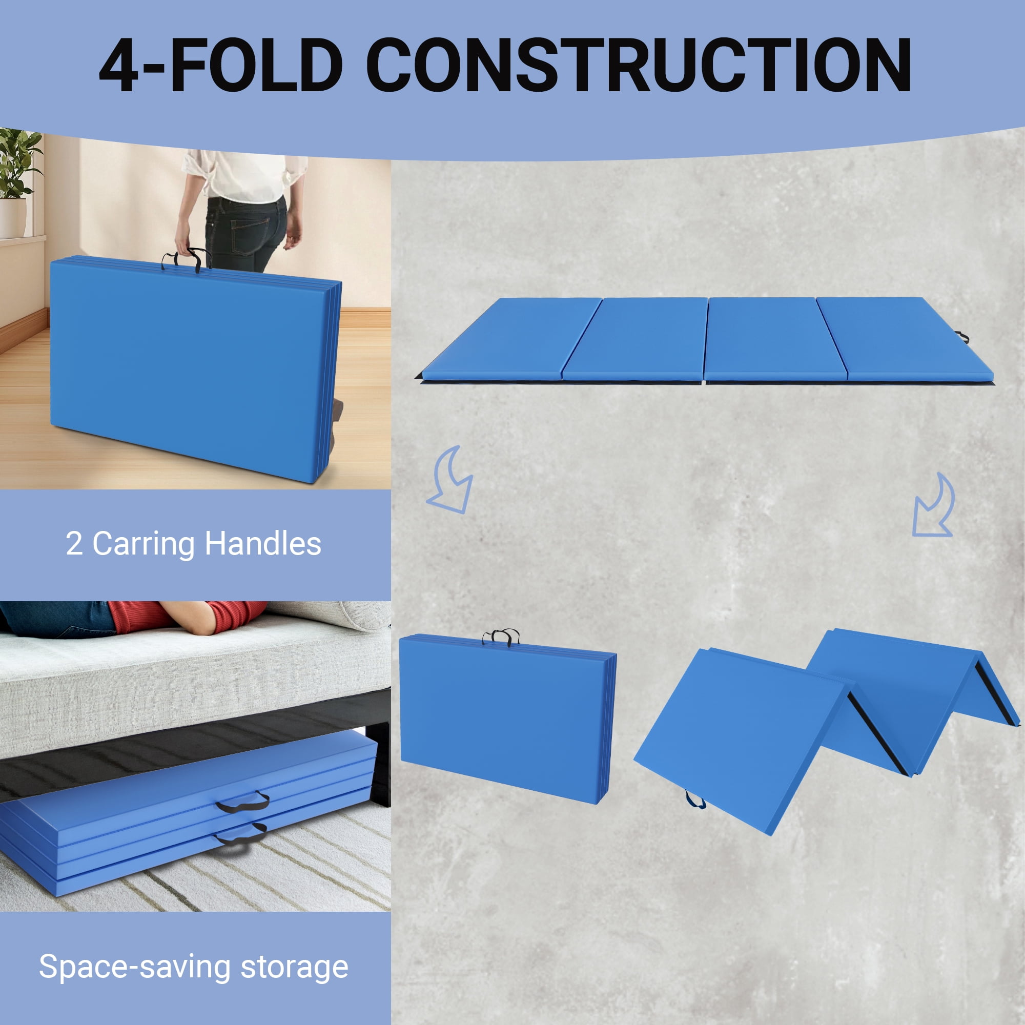 BalanceFrom Versatile 4'x8'x2" High-Density Gym Mats - Extra Thick, Anti-Tear, Easy-Clean, Foldable for Aerobics, Yoga, Martial Arts, with Durable Vinyl and Velcro, Blue