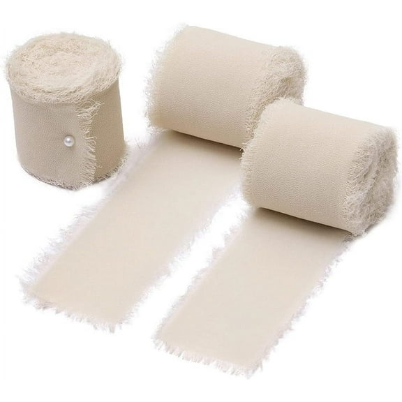 42 Yards 1.5 Inch Nude Fringe Ribbon Chiffon Linen Ribbon Bulk Rustic Polyester Frayed Edged Silk Fabric Ribbons for Gift Wrapping Wedding Invitations Bridal Bouquets Christmas Decor for making