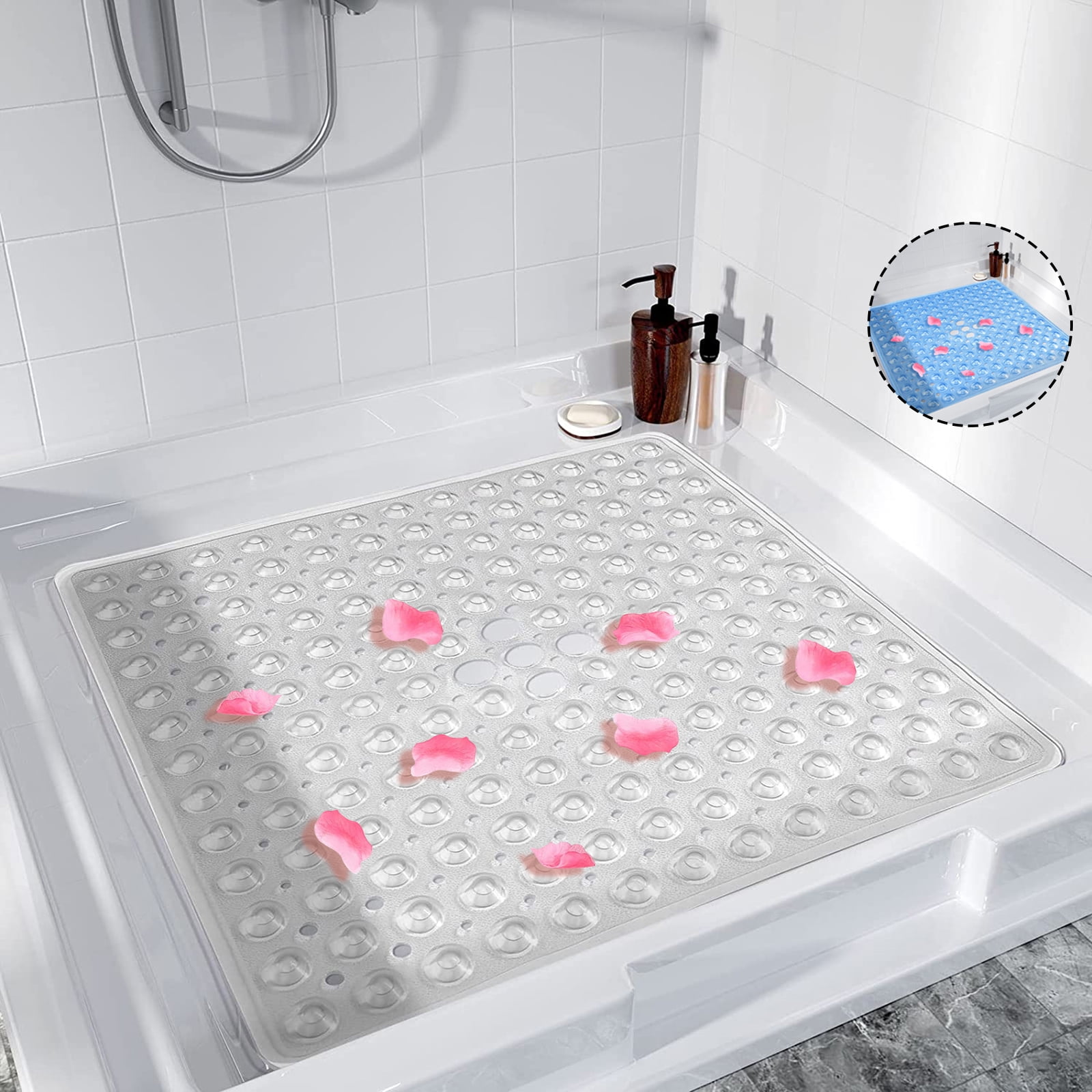Tranquil Beauty 21 x 21 Clear Square Non-Slip Shower and Bath Mats with  Suction Cups Ideal for Kids & Elderly