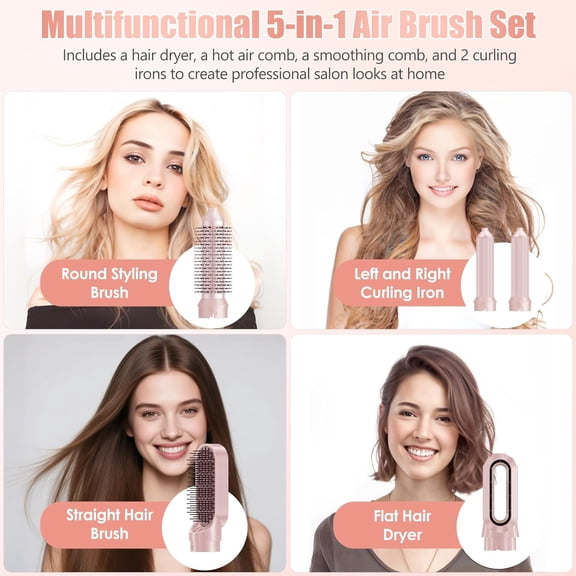5 in 1 Blow Dryer Brush, Negative Ion Hair Dryer Brush Set Hot Air Brush Auto Air Styler Curling Wrap Air Curler, Detachable Hair Styling Tools for Curling Volumizing Straightening, 3 Temp