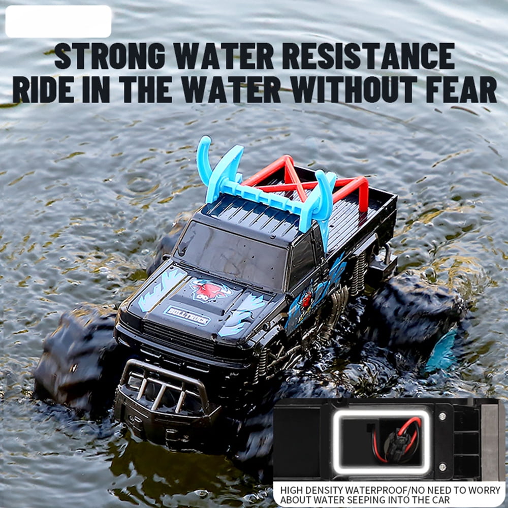 4WD Amphibious Remote Control Car - 2.4G High Speed Off-Road Stunt Vehicle, Waterproof Double-Sided Driving RC Car Toys Gift,,Blue，2 Battery