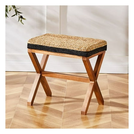 Ottoman Footstool Natural Seagrass Footrest Pouf Ottomans with X Wooden Legs Rectangular Hand Weaving Foot Rest for Living Room Patio Balcony 17 inch as picture