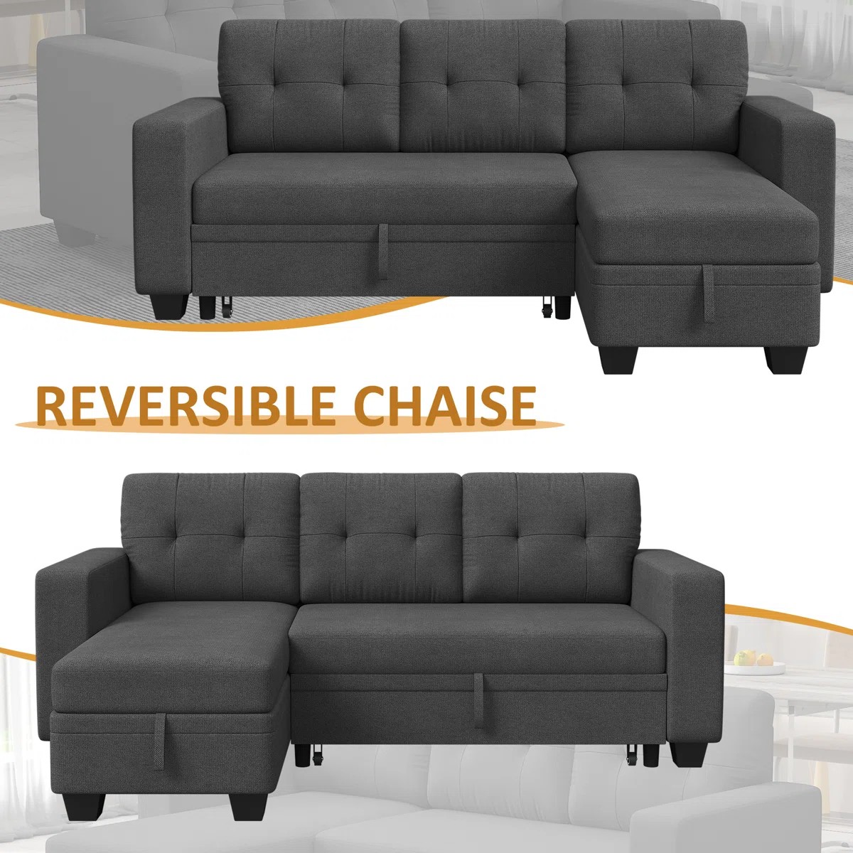 AENKYO L-Shaped Sleeper Sofa, Reversible Sectional Couch with Pull Out Bed and Storage for Living Room, Dark Gray