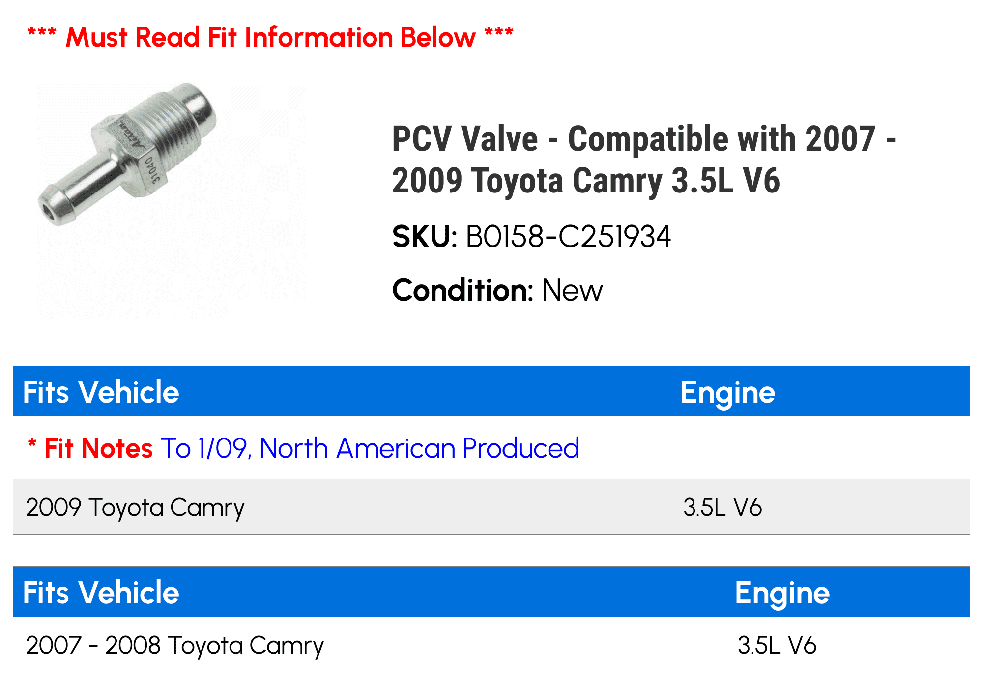 PCV Valve - Compatible with 2007 - 2009 Toyota Camry 3.5L V6 2008