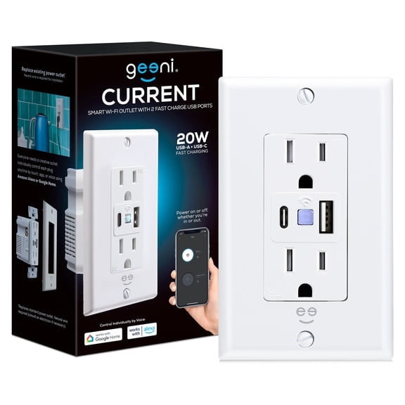 Geeni Smart Wi-Fi Outlet With USB-C and USB-A Fast Charging, Voice Control, Alexa Compatible