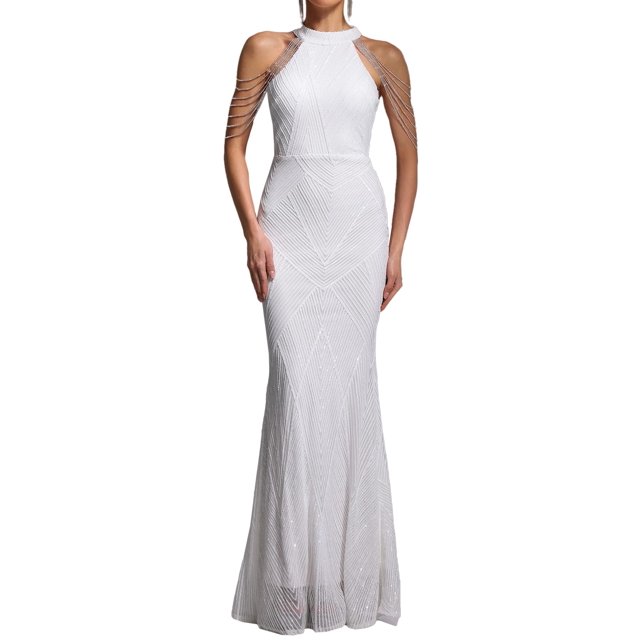 Vestido BELLA BARNETT Fabuloso blanco con cuello alto HOCO sin mangas