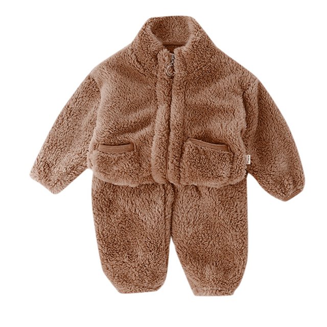 FAOWME Pyjamas Doublés en Flanelle pour Enfants Ensemble de Nuit Confortable 2 Pcs pour Automne Café 6-7 Ans