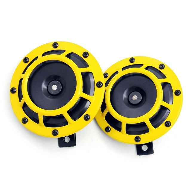 Mistaha 12V125mm Dual-tone Horn Set for Electric and Motorcycles - Pair of Iron Car Horns in Yellow for Small Vehicles - 115dB Sound Output - Easy Installation Kit Included