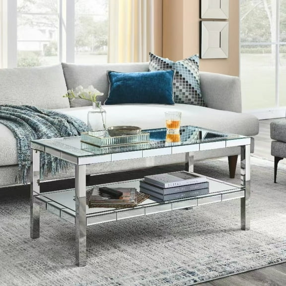 Rectangle Mirrored Coffee Table with Storage Shelf,2-Tier Tempered Glass Coffee Table,Luxury Living Room Table Center Table End Table Tea Table,Shinny Diamond Crystal Coffee Table,39.5"x19.75"x19.75"