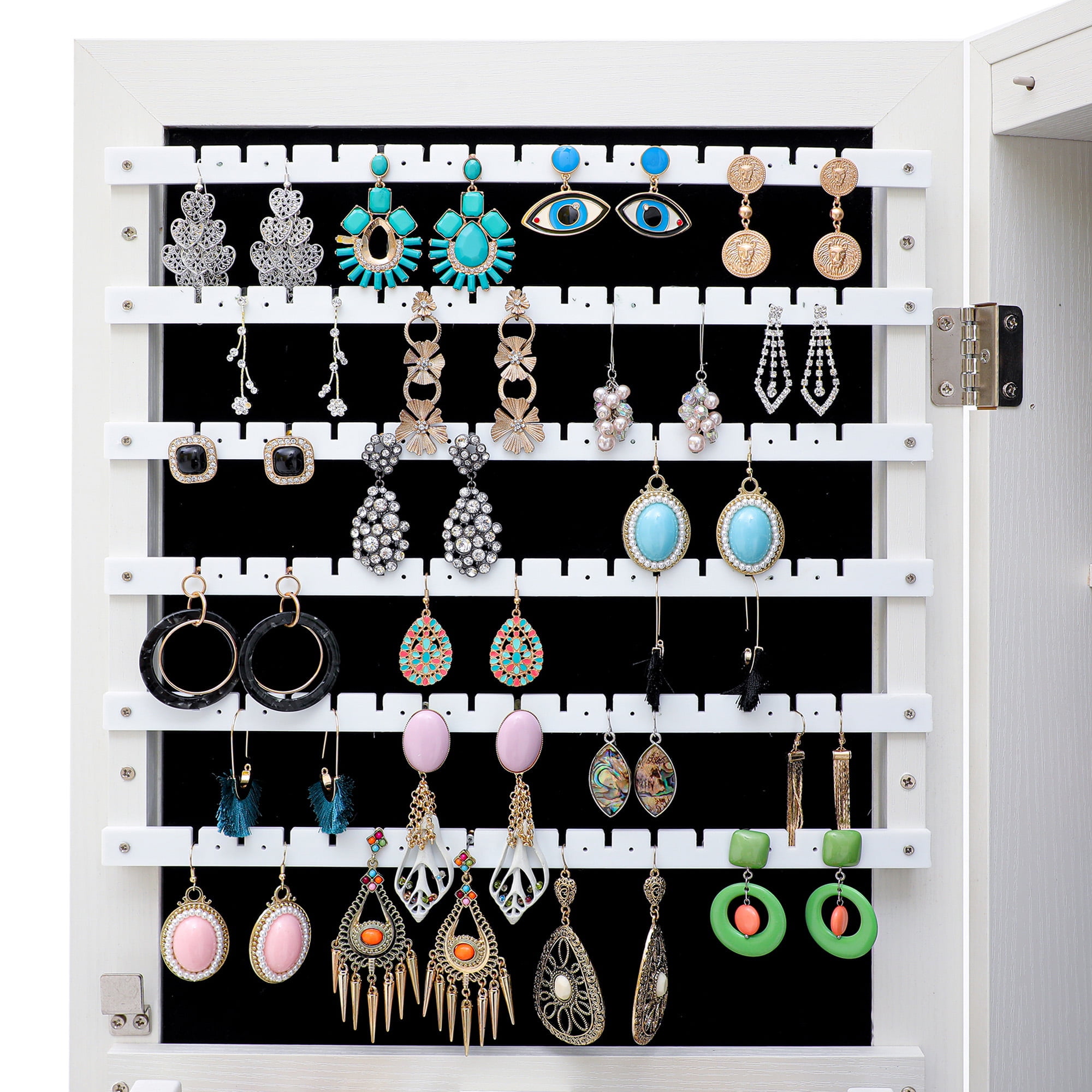 Resenkos LED Light Mirrored Jewelry Cabinet with Storage Drawer, Door/Wall Jewelry Armoire White