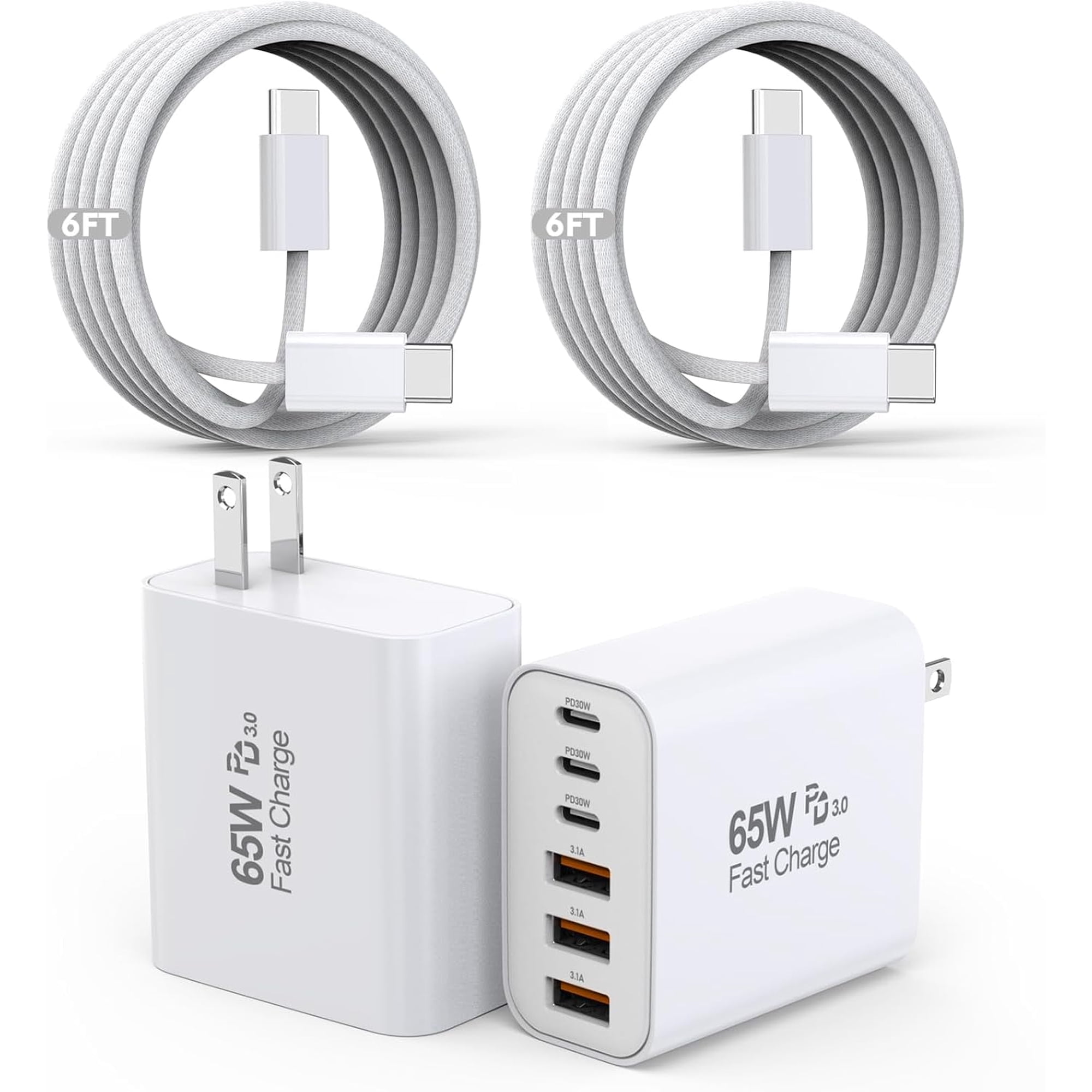 65W GaN USB C Wall Charger 2-Pack, 6-Port (3C+3A) PD 3.0&QC 3.0 Fast Charging Cube, 6ft Durable Woven Cable, Multi-Device Charger for iPhone 17-13/Samsung Galaxy/iPad/AirPods