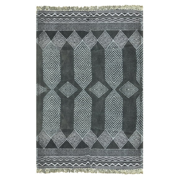 Casavani Black Cotton Block Printed Dhurrie Bohemian Bedroom Carpets Square Outdoor Rug 5x5 feet