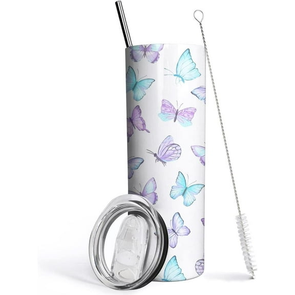 Butterfly Tumbler with Lid and Straw- Butterfly Gifts for Women - Purple Butterflies Cup, Skinny Tumbler, Water Bottle, Coffee Mug - Metal Thermal Insulated Tumblers 20 Oz - Butterfly Decor, Stuff