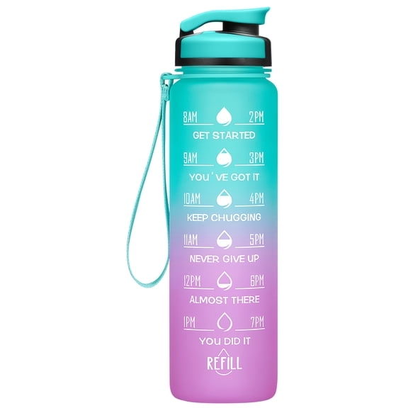 GEDUX 32oz Motivational Water Bottle with Time Marker, Leakproof Tritan Sports Water Bottle, BPA-Free Wide Mouth with Infuser & Carry Strap for Gym Running Travel