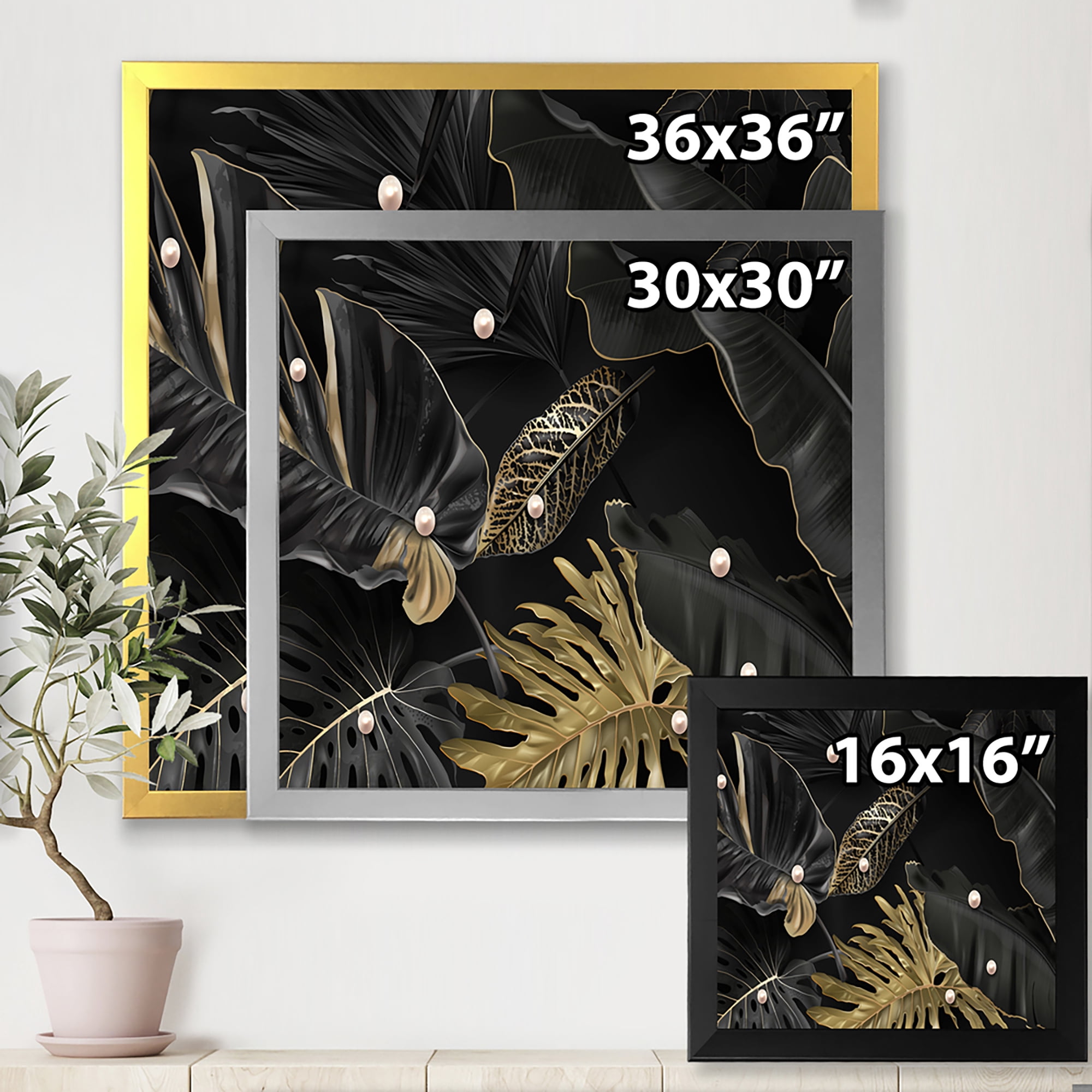 Designart 'Gold and Black Tropical Leaves III' Modern Framed Art Print