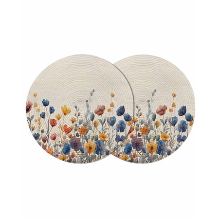 Colorful Spring Floral Round 15 Inch Placemats Set of 2 Elegant Summer Botanical Rustic HeatResistant Non Slip Place Mats for Dining Table Wipeable Braided Kitchen Table Mats for Housewarming