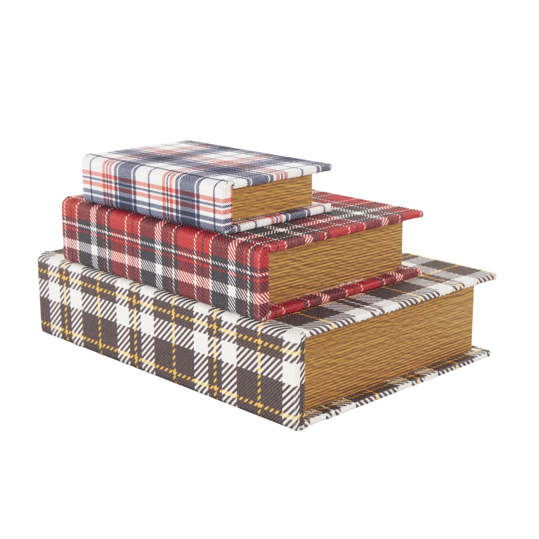 DecMode Geometric Plaid Faux Book Storage Multi Colored Canvas Decorative Box with Red and Blue Accents, 3 Count