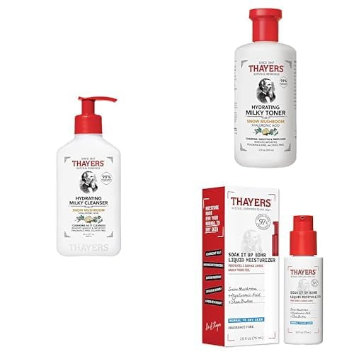THAYERS Nettoyant Visage Hydratant Laiteux, 8 FL Oz + Toner Visage Laiteux, 12 FL Oz + Soak It Up Hydratant Liquide 80h avec Acide Hyaluronique & Champignon de Neige, Test Dermatologique