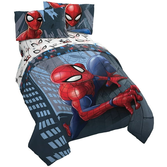 Marvel Spiderman Crawl Blue 5 Piece Queen Bed Set, 100% Microfiber