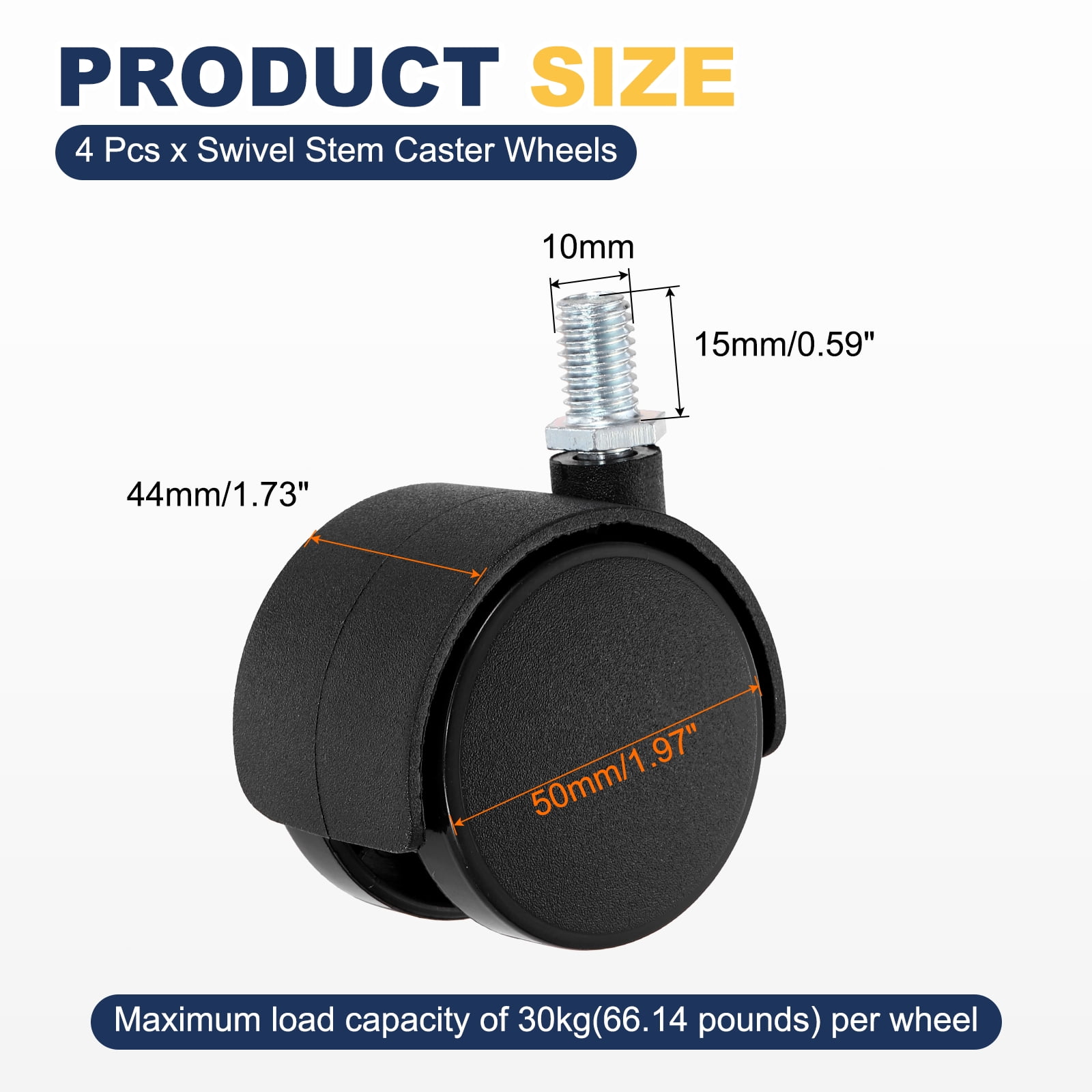 Uxcell 4 Pack Swivel Stem Caster Wheels, M10x15mm Threaded Nylon Furniture Casters - Screw Rod Installation, for Chairs Sofas Cabinets Shelves Carts, Fast Mounting, Black