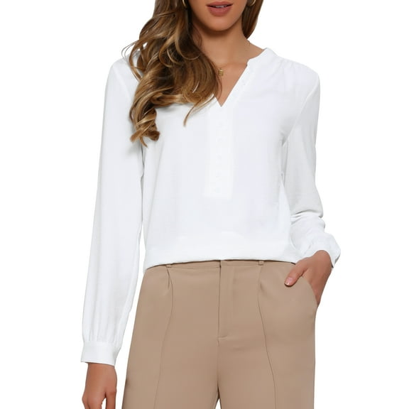 DARING DIVA Women's Button Front V Neck Long Sleeve Formal Top S White