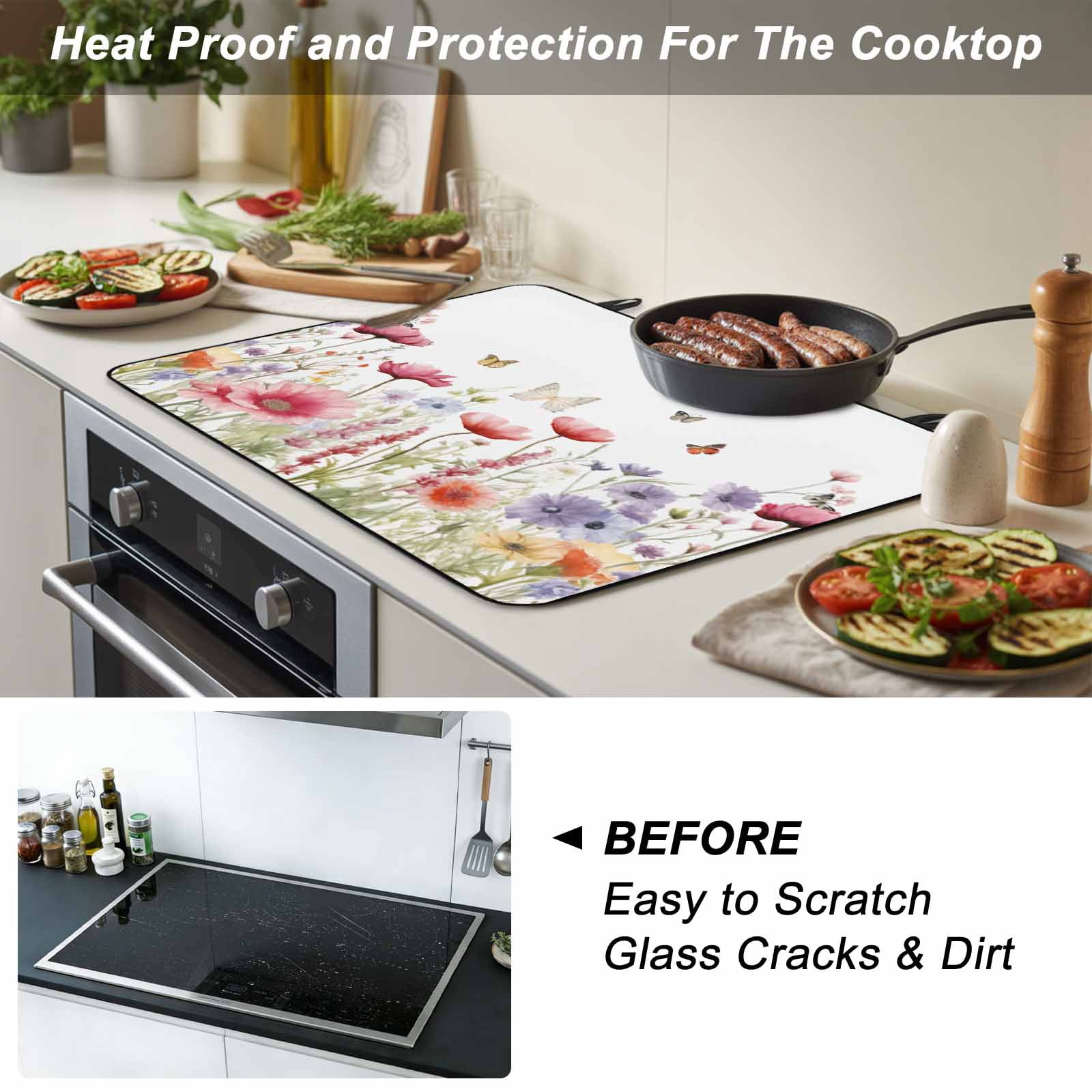 Spring Floral Stove Top Cover for Electric Stove, Heat-proof & Non Slip Glass Top Stove Cover Protector, Coloful Summer Botanical Flowers Butterfly Kitchen Flat Cooktop Rubber Mat 24x21 Inches