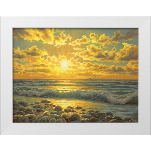 Adamov, Alexey 14x12 White Modern Wood Framed Museum Art Print Titled - Sunset over the Sea with Seagulls