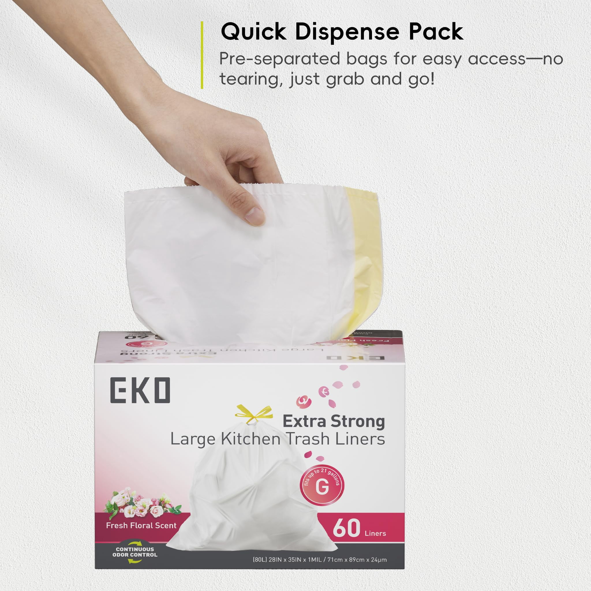 Eko 21 Gallon / 50-90 Liter  60 Count Drawstring Trash Bags Extra-strong Garbage Fresh Floral Scent With Continuous Odor Control Easy-dispense Roll For Kitchen And Household Use Code G White