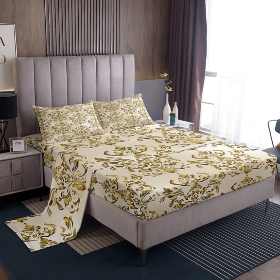 Victorian Gothic Bed Sheets Full Vintage Damask Floral Sheets, Victorian Baroque Sheet Set Adults Golden Damask Fitted Sheet Bohemian Exotic Printed Bedding Flat Sheet