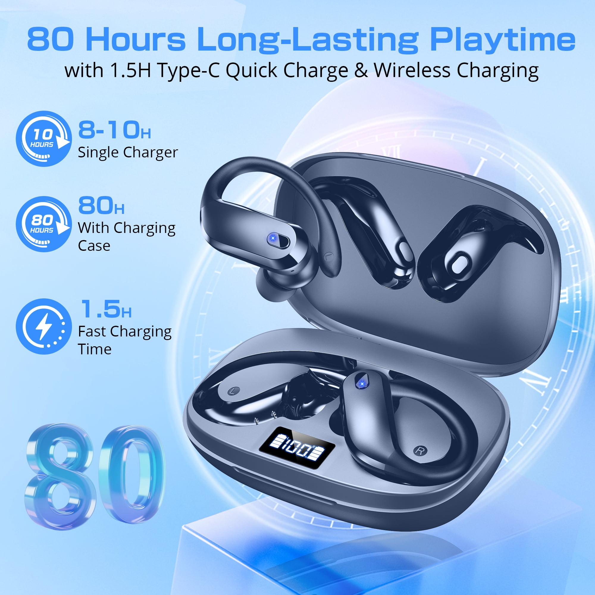 Wireless Earbuds Bluetooth 5.4 Headphones Sport, IPX7 Waterproof Earphones with Earhooks, 80H Playtime, Fast Charging Case, Noise Cancelling Mic, Lightweight Bluetooth Earbuds for Running Gym