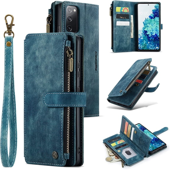 Wallet Case for Samsung Galaxy S20 FE 5G, Premium Handmade PU Leather Phone Case Card Slots Magnetic Closure Zipper Pocket Kickstand Flip Case with Hand Strap - Vintage Blue