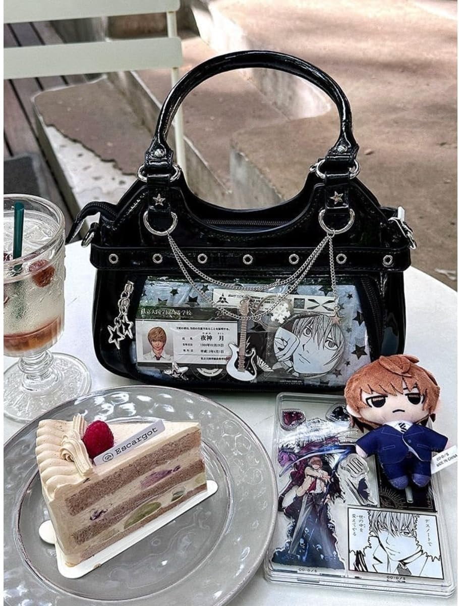 SPEKSEE Anime Ita Bag PU Leather Shoulder Bag with Display Window, Studded Handbag with Adjustable Strap
