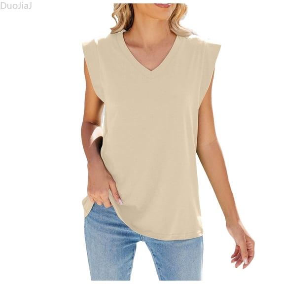 DuoJiaJ Womens Summer New Solid Color V Neck Cap Shoulder Sleeve Loose Sleeveless T Shirt Vest Women Ladies Tank Tops Beige L