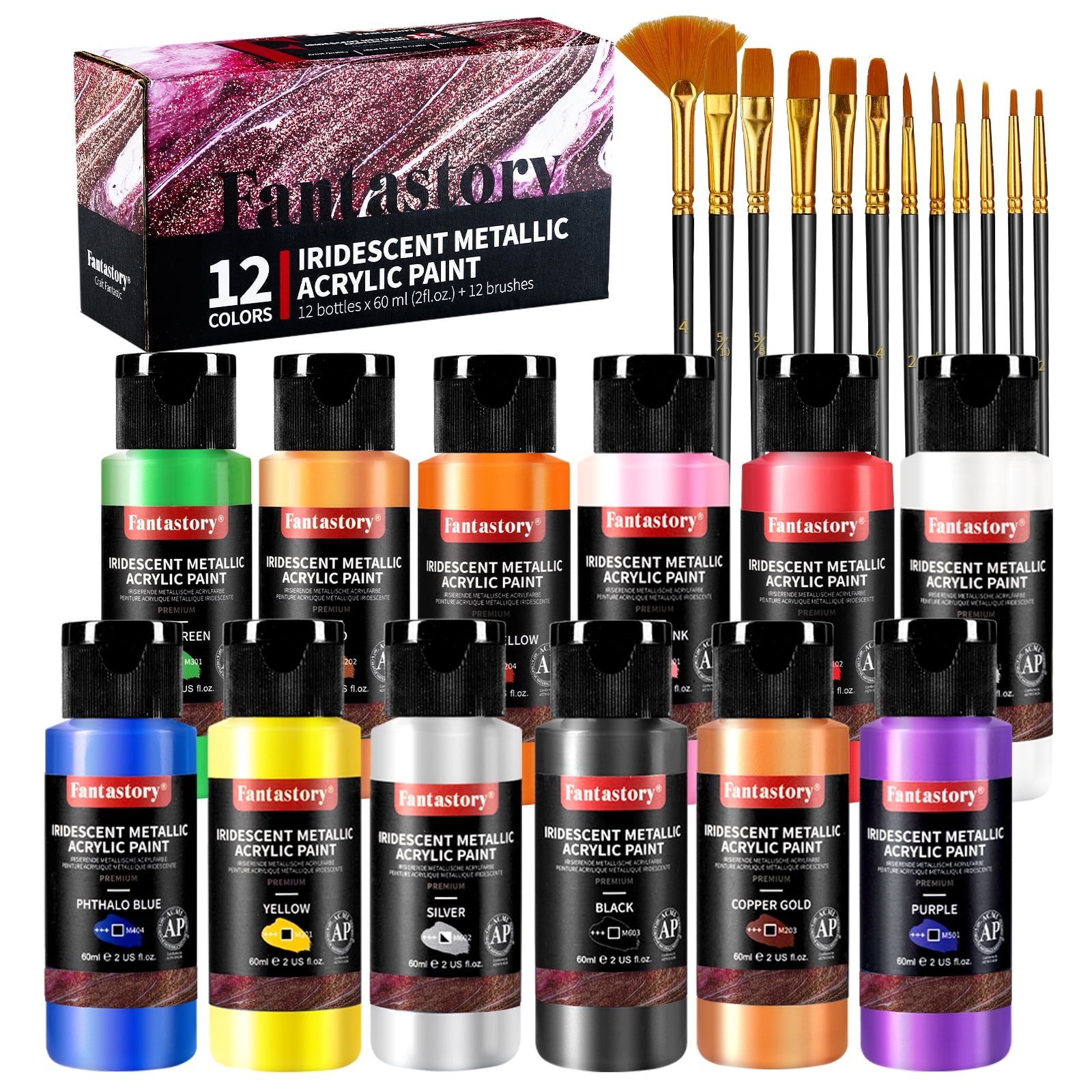 Fantastory Metallic Iridescent Acrylic Paint Set with 12 Brushes, 12 x 2oz Craft Paint Kit