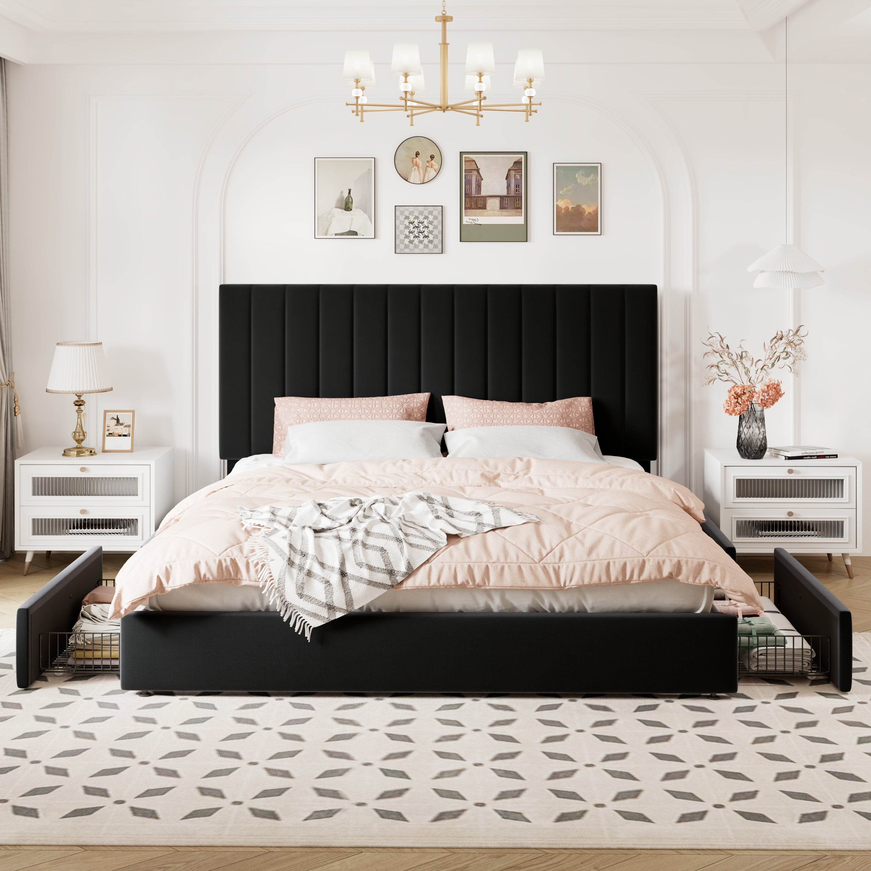 Allewie King Size Storage Bed Frame,Adjustable Headboard, Velvet Upholstered Platform Bed with 4 Oversized Underbed Drawers, Wooden Slats Support, No Box Spring Needed, Black