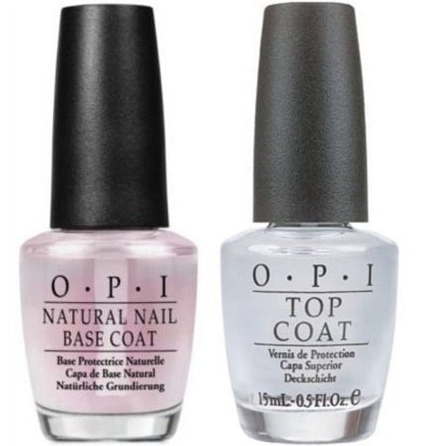 esmalte de uñas natural, capa base transparente y capa superior, paquete dúo, 0.5 fl oz — dos frascos frontales con tapas negras: base ligeramente rosada etiquetada "NATURAL NAIL BASE COAT" y top coat transparente etiquetado "TOP COAT" en botellas de vidrio sobre fondo claro; apto también para sellar pequeñas decoraciones de uñas.
