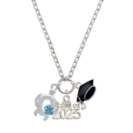 Delight Jewelry Silver-tone Open Sea Turtle with Blue Plumeria - Silver-tone Class of 2025 Graduation Zoey Necklace, 28"
