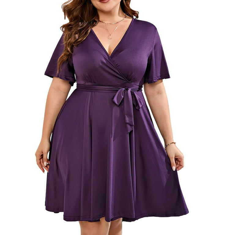 Usmixi Formal Dresses for Women Casual Plus Size Swing Tunic Knee-Length  Dresses with Pocket V-Neck Short Sleeve Solid Summer Midi Dress Purple XXXL  