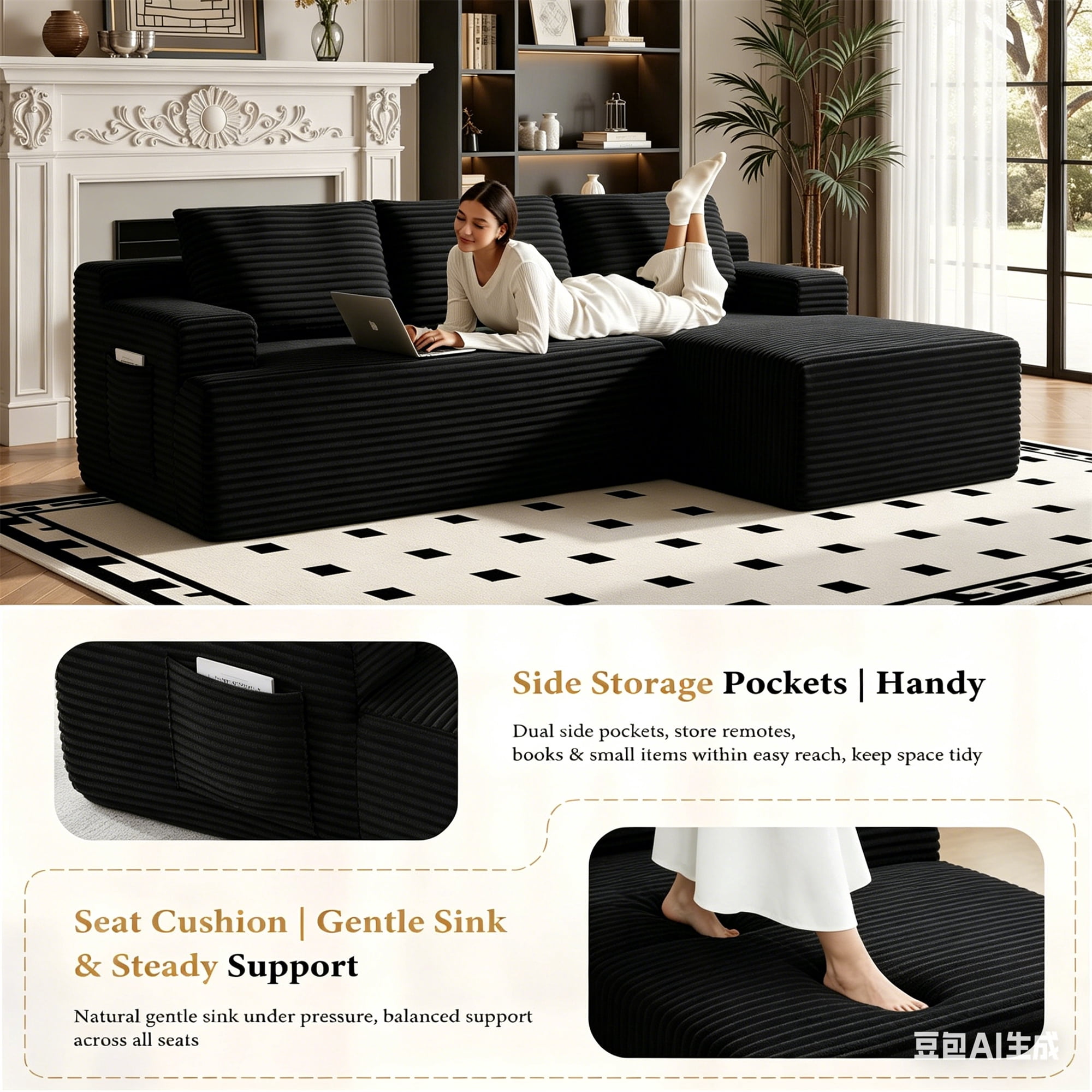 Aukfa 95" Cloud Sectional Sofa Modular Boneless Couch for Living Room, 2 Storage Pockets&Pillows, Right Chaise, Corduroy, Black