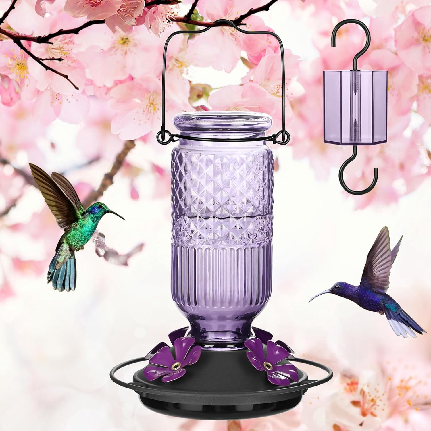 Glass Hummingbird Feeder 16 oz Hanging Outdoor Feeder with Bee-Proof Ports, Ant Moat, Leakproof, Easy to Clean & Refill, 360° Perch, Purple