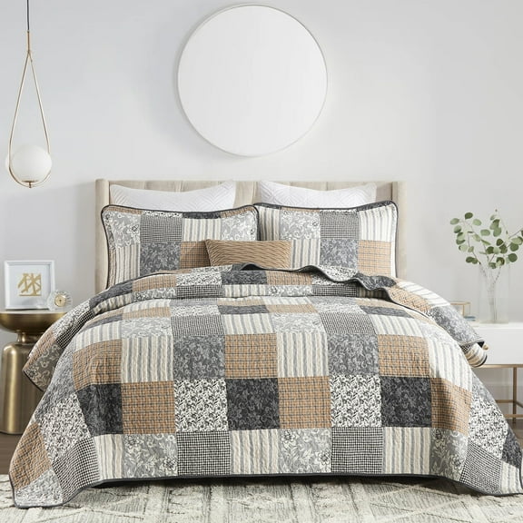 CozyDH 3-Piece Vintage Plaid King Quilt Set, 100% Cotton Classic Brown Patchwork Bedspread with 2 Shams, Rustic/Lodge